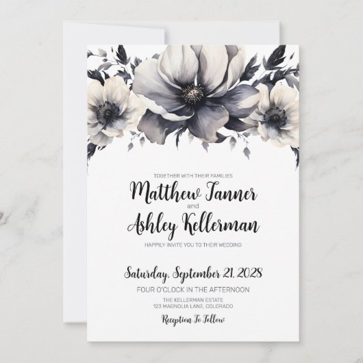 書道エレガント白黒フローラ結婚の 招待状 (正面)