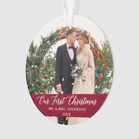 書道エレガント私たちの初めてのクリスマスブルゴーニュ オーナメント (正面)