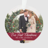 書道エレガント私たちの初めてのクリスマスブルゴーニュ オーナメント (正面)