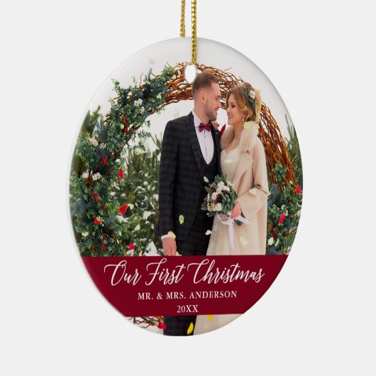 書道エレガント私たちの初めてのクリスマスブルゴーニュ セラミックオーナメント (右)