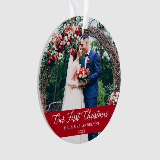 書道エレガント私たちの初めてのクリスマス写真赤 オーナメント (正面)