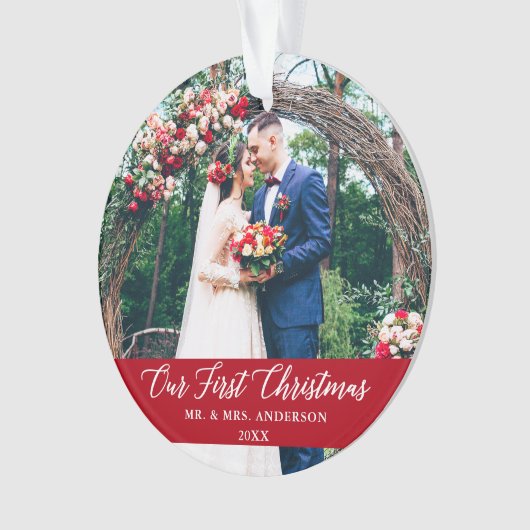 書道エレガント私たちの初めてのクリスマス写真赤 オーナメント (正面)