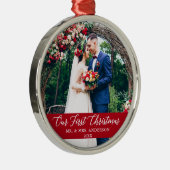 書道エレガント私たちの初めてのクリスマス写真赤 メタルオーナメント (右)