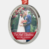 書道エレガント私たちの初めてのクリスマス写真赤 メタルオーナメント (左)