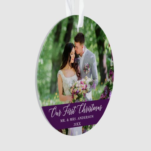 書道エレガント私たちの初めてのクリスマス紫 オーナメント (正面)