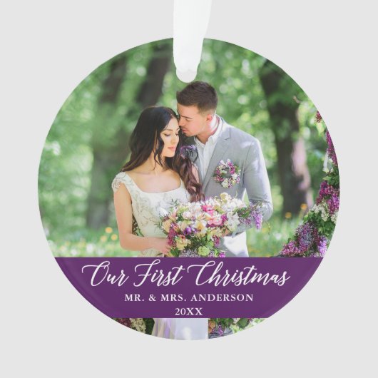 書道エレガント私たちの初めてのクリスマス紫 オーナメント (正面)