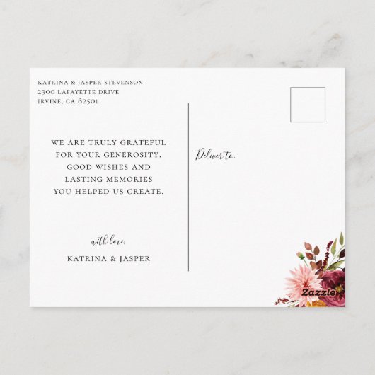 書道エレガント秋の結婚式写真ありがとう ポストカード (裏面)