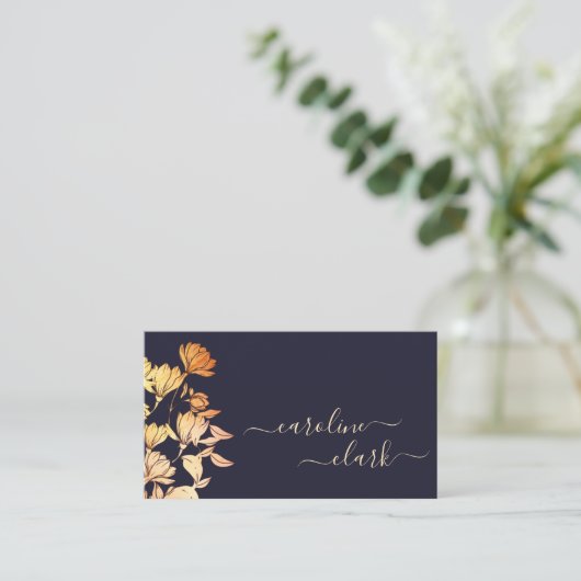 書道エレガント署名フローラネイビーブルー 名刺 (スタンド正面)