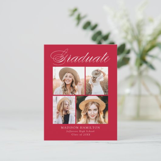 書道エレガント赤写真卒業パーティー インビテーションポストカード (スタンド正面)