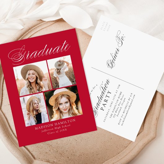 書道エレガント赤写真卒業パーティー インビテーションポストカード