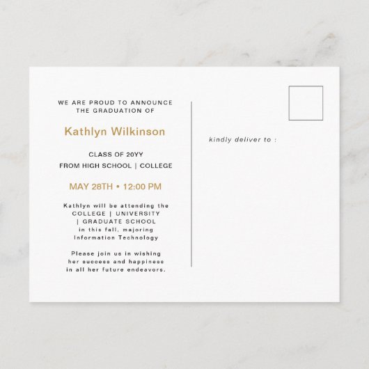 書道エレガント金ゴールドグリッター卒業 案内ポストカード (裏面)