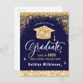 書道エレガント金ゴールドグリッター卒業 案内ポストカード (正面/裏面)