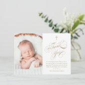 書道エレガント金ゴールドベビー写真バプテスマ サンキューカード (スタンド正面)