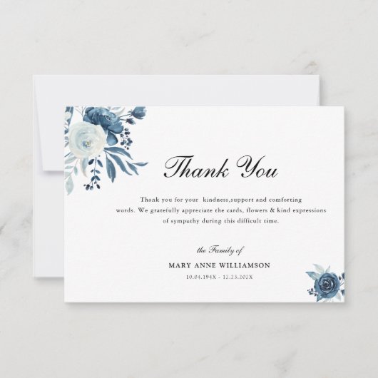書道エレガント青フローラ葬儀 サンキューカード (正面)