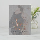 書道エレガント2枚の写真Save the Dateバラ 箔招待状 (立ち正面)