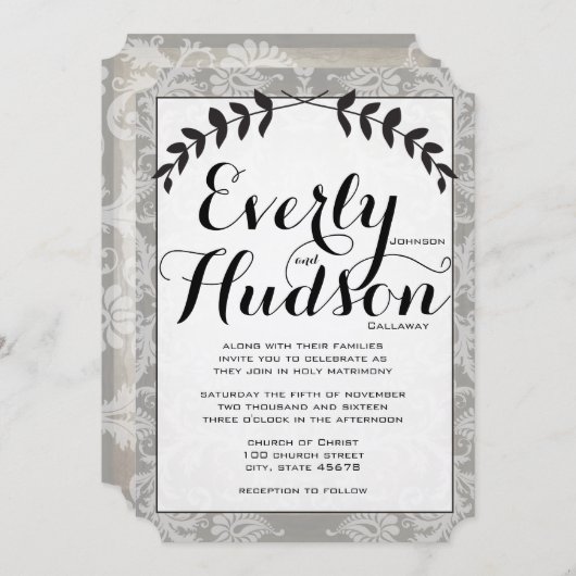 書道ガーランドダマスクブラウン紙結婚ズ 招待状 (正面/裏面)