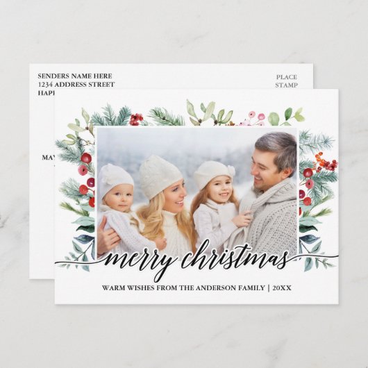 書道クリスマスの緑の家族の写真 ポストカード (正面/裏面)