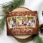 書道クリスマスウッドストリングライト3写真 ポストカード<br><div class="desc">おもしろいモダン書道台本メリークリスマス3写真ホリデーはがきき素朴- Country Wood with String Lights</div>