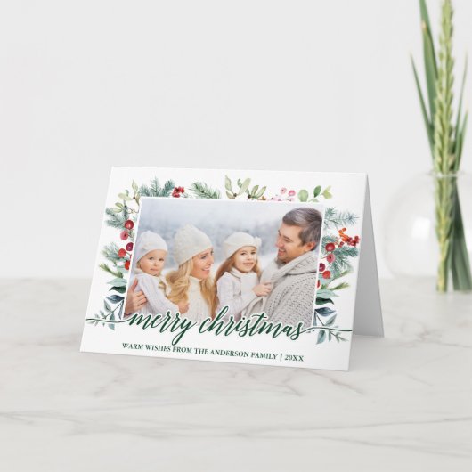 書道クリスマス緑の写真緑の折り畳み シーズンカード (正面)