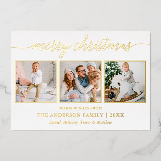 書道クリスマス3写真ほこりっぽいブルー金ゴールド 箔シーズンカード (正面)