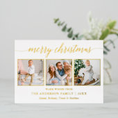 書道クリスマス3写真ほこりっぽいブルー金ゴールド 箔シーズンカード (立ち正面)