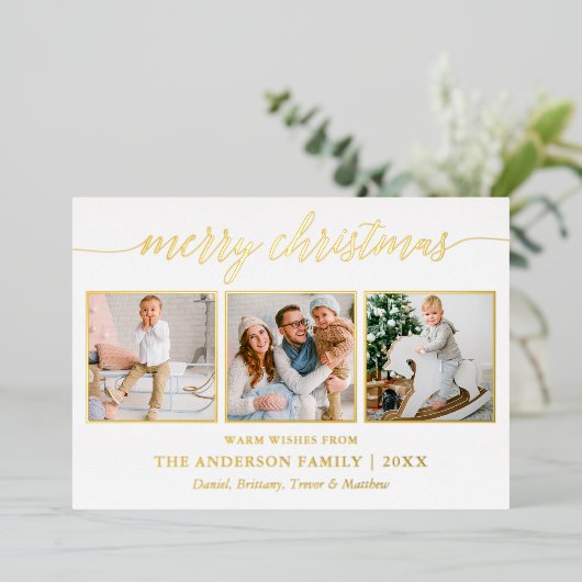 書道クリスマス3写真ほこりっぽいブルー金ゴールド 箔シーズンカード (立ち正面)