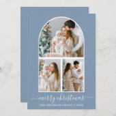 書道クリスマス3写真アーチダスティブルー シーズンカード (正面/裏面)