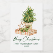 書道グリーンインクウォーターカラークリスマスツリー ワインラベル (シングルラベル)