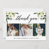 書道グリーンホワイトフローラ結婚の3枚の写真 サンキューカード (正面)