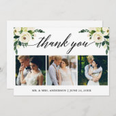 書道グリーンホワイトフローラ結婚の3枚の写真 サンキューカード (正面/裏面)