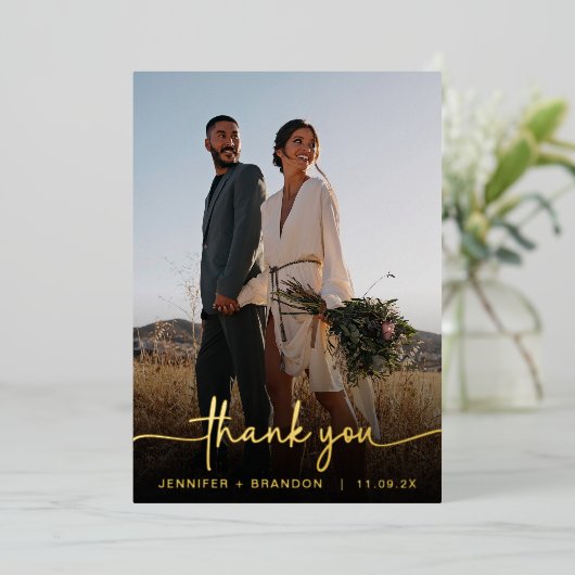 書道ゴールドフォイルありがとう |の結婚写真 箔シーズンカード (立ち正面)