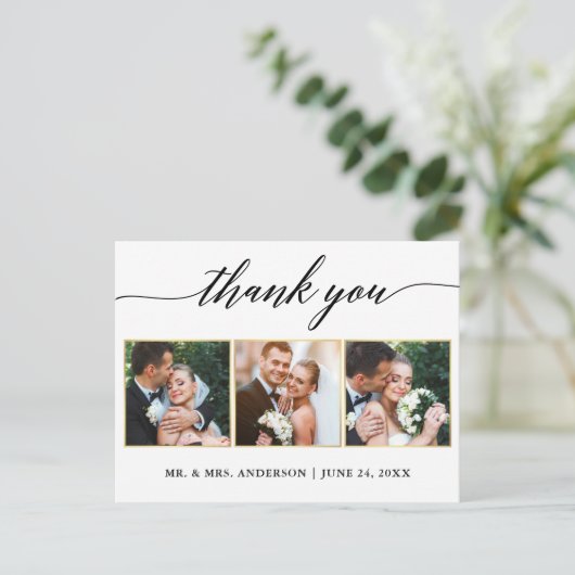 書道ゴールド結婚式3枚写真ありがとうございます ポストカード (スタンド正面)