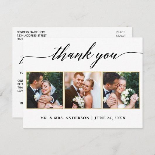 書道ゴールド結婚式3枚写真ありがとうございます ポストカード (正面/裏面)