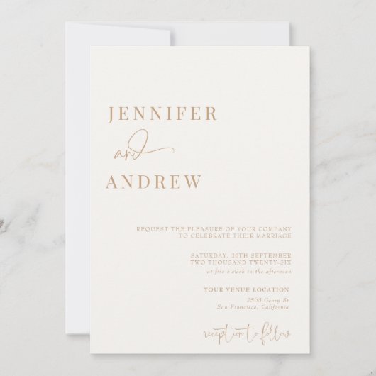 書道シンプルエレガントモダン結婚の 招待状 (正面)