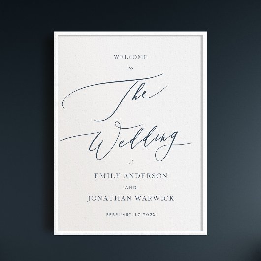 書道シンプルネイビーブルー結婚の歓迎 ポスター