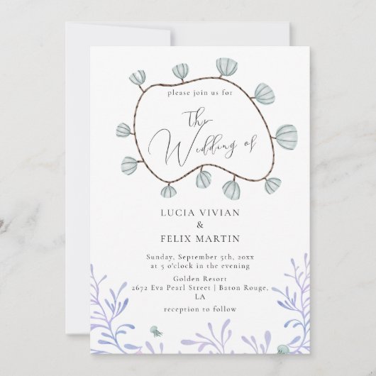 書道シーシェル&ワカメビーチ結婚式 招待状 (正面)