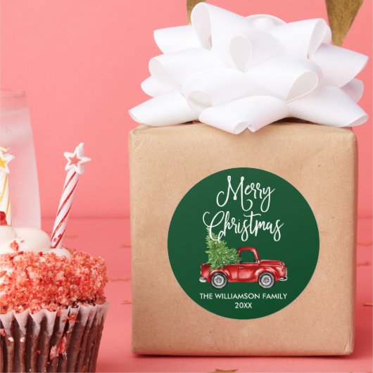 書道スクリプトクリスマスレッドトラックグリーン ラウンドシール (パーティー)