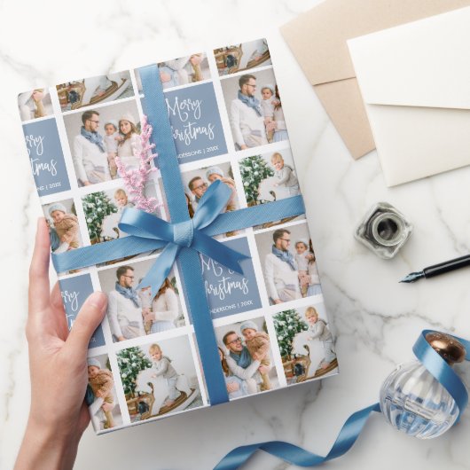 書道スクリプトクリスマス3写真ほこりっぽい青 ラッピングペーパー (ギフト)