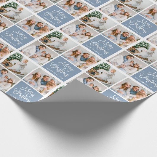 書道スクリプトクリスマス3写真ほこりっぽい青 ラッピングペーパー (角)