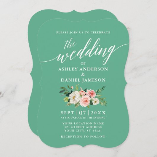 書道スクリプトピンクホワイトフローラネオミント 招待状 (正面/裏面)