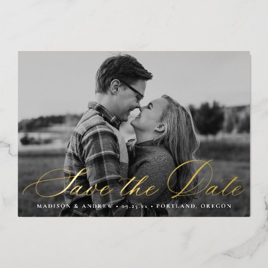 書道スクリプトフォイル日付カードを保存 箔招待状 (正面)