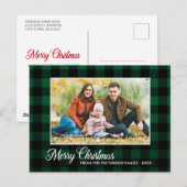 書道スクリプトフォトグリーンプレイドクリスマス ポストカード (正面/裏面)