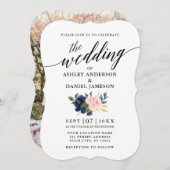 書道スクリプトブルーピンクフローラ写真結婚の 招待状 (正面/裏面)