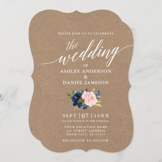 書道スクリプトブルーピンク結婚フローラのクラフト 招待状 (正面/裏面)