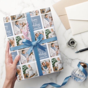 書道スクリプトホリデー3フォトダスティブルー ラッピングペーパー