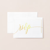 書道スクリプトホワイトおよび金ゴールドRSVP 箔カード (封筒付き正面)