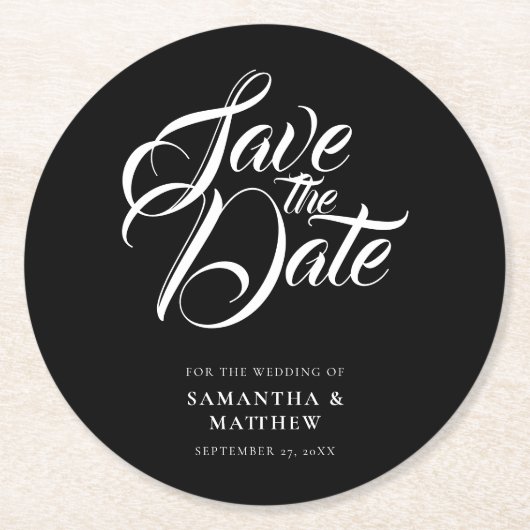 書道スクリプト日付の保存招待状 ラウンドペーパーコースター (正面)