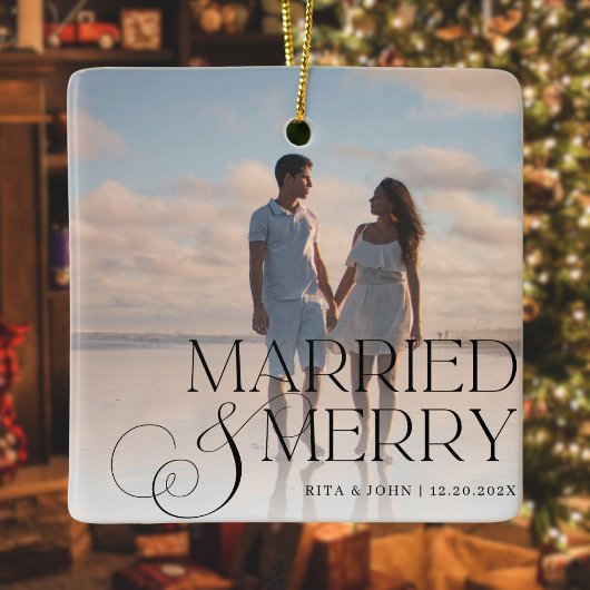 書道スクリプト結婚の初めてのクリスマスメタル セラミックオーナメント