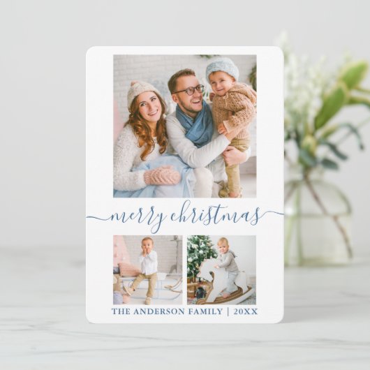 書道スクリプト3写真ほこりっぽい青いクリスマス シーズンカード (スタンド正面)