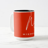 書道スタイリッシュ赤モノグラムお名前 ツートーンマグカップ (正面左)